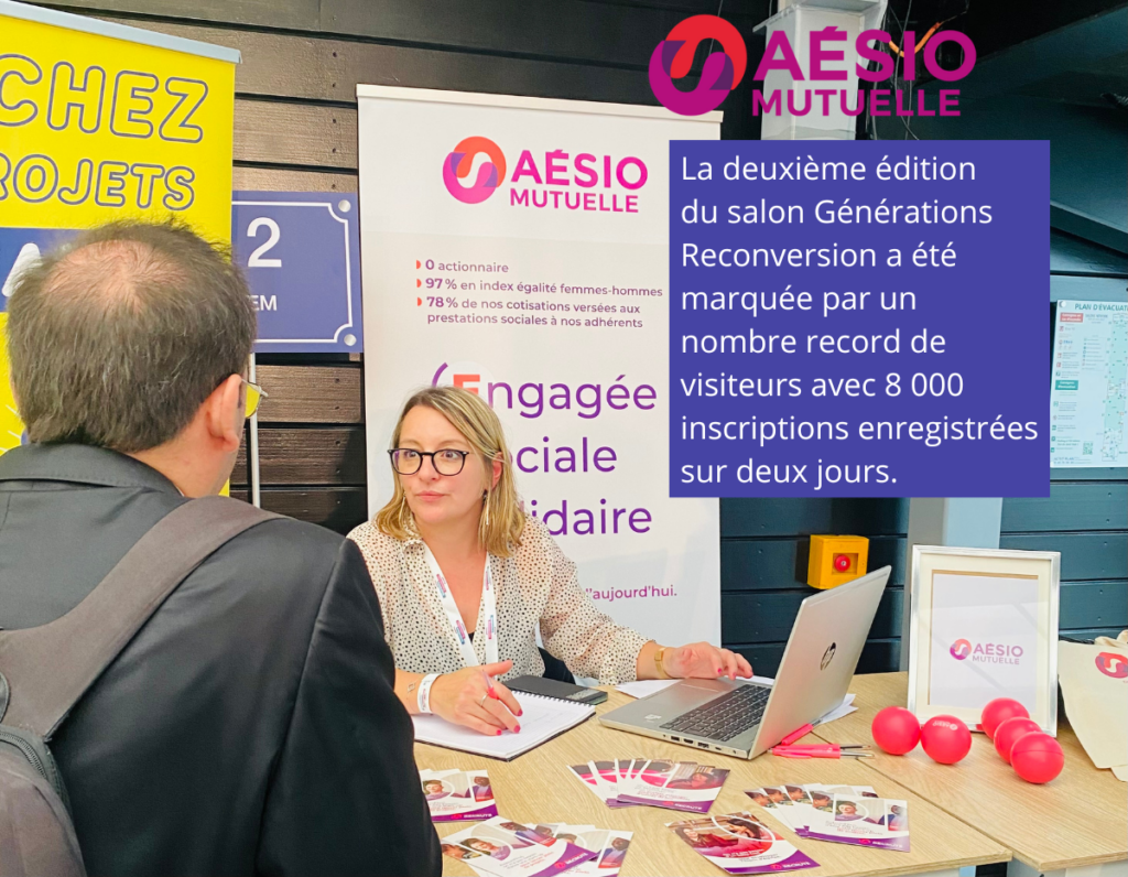 Le stand d'Aesio Mutuelle lors du salon Générations Reconversion de septembre 2024, à Paris.